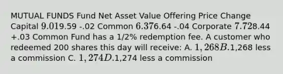 MUTUAL FUNDS Fund Net Asset Value Offering Price Change Capital 9.019.59 -.02 Common 6.376.64 -.04 Corporate 7.728.44 +.03 Common Fund has a 1/2% redemption fee. A customer who redeemed 200 shares this day will receive: A. 1,268 B.1,268 less a commission C. 1,274 D.1,274 less a commission