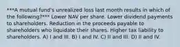 ***A mutual fund's unrealized loss last month results in which of the following?*** Lower NAV per share. Lower dividend payments to shareholders. Reduction in the proceeds payable to shareholders who liquidate their shares. Higher tax liability to shareholders. A) I and III. B) I and IV. C) II and III. D) II and IV.