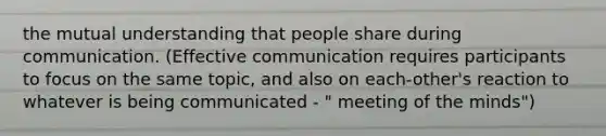 the mutual understanding that people share during communication. (Effective communication requires participants to focus on the same topic, and also on each-other's reaction to whatever is being communicated - " meeting of the minds")