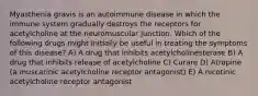 Myasthenia gravis is an autoimmune disease in which the immune system gradually destroys the receptors for acetylcholine at the neuromuscular junction. Which of the following drugs might initially be useful in treating the symptoms of this disease? A) A drug that inhibits acetylcholinesterase B) A drug that inhibits release of acetylcholine C) Curare D) Atropine (a muscarinic acetylcholine receptor antagonist) E) A nicotinic acetylcholine receptor antagonist