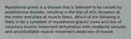 Myasthenia gravis is a disease that is believed to be caused by autoimmune disorder, resulting in the loss of ACh receptors at the motor end plate of muscle fibers. Which of the following is likely to be a symptom of myasthenia gravis? coma and loss of voluntary muscle movement dehydration with headache seizures and uncontrollable muscle movement weakness of muscle