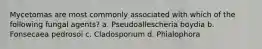 Mycetomas are most commonly associated with which of the following fungal agents? a. Pseudoallescheria boydia b. Fonsecaea pedrosoi c. Cladosporium d. Phialophora