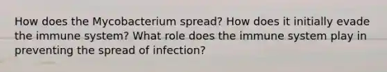 How does the Mycobacterium spread? How does it initially evade the immune system? What role does the immune system play in preventing the spread of infection?