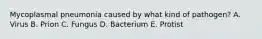 Mycoplasmal pneumonia caused by what kind of pathogen? A. Virus B. Prion C. Fungus D. Bacterium E. Protist