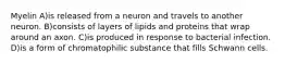 Myelin A)is released from a neuron and travels to another neuron. B)consists of layers of lipids and proteins that wrap around an axon. C)is produced in response to bacterial infection. D)is a form of chromatophilic substance that fills Schwann cells.