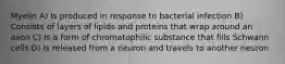 Myelin A) Is produced in response to bacterial infection B) Consists of layers of lipids and proteins that wrap around an axon C) Is a form of chromatophilic substance that fills Schwann cells D) Is released from a neuron and travels to another neuron