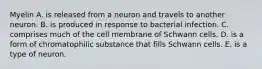 Myelin A. is released from a neuron and travels to another neuron. B. is produced in response to bacterial infection. C. comprises much of the cell membrane of Schwann cells. D. is a form of chromatophilic substance that fills Schwann cells. E. is a type of neuron.