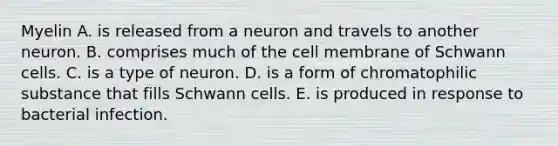 Myelin A. is released from a neuron and travels to another neuron. B. comprises much of the cell membrane of Schwann cells. C. is a type of neuron. D. is a form of chromatophilic substance that fills Schwann cells. E. is produced in response to bacterial infection.