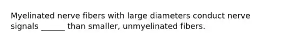 Myelinated nerve fibers with large diameters conduct nerve signals ______ than smaller, unmyelinated fibers.
