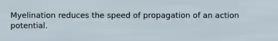 Myelination reduces the speed of propagation of an action potential.