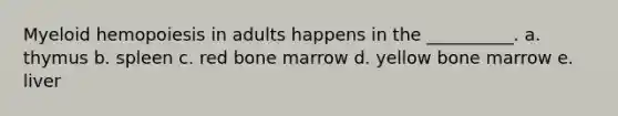 Myeloid hemopoiesis in adults happens in the __________. a. thymus b. spleen c. red bone marrow d. yellow bone marrow e. liver