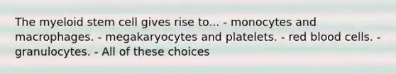 The myeloid stem cell gives rise to... - monocytes and macrophages. - megakaryocytes and platelets. - red blood cells. - granulocytes. - All of these choices