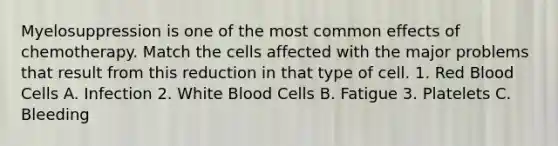 Myelosuppression is one of the most common effects of chemotherapy. Match the cells affected with the major problems that result from this reduction in that type of cell. 1. Red Blood Cells A. Infection 2. White Blood Cells B. Fatigue 3. Platelets C. Bleeding