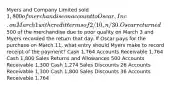 Myers and Company Limited sold 1,800 of merchandise on account to Oscar, Inc. on March 1 with credit terms of 2/10, n/30. Oscar returned500 of the merchandise due to poor quality on March 3 and Myers recorded the return that day. If Oscar pays for the purchase on March 11, what entry should Myers make to record receipt of the payment? Cash 1,764 Accounts Receivable 1,764 Cash 1,800 Sales Returns and Allowances 500 Accounts Receivable 1,300 Cash 1,274 Sales Discounts 26 Accounts Receivable 1,300 Cash 1,800 Sales Discounts 36 Accounts Receivable 1,764