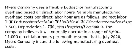 Myers Company uses a flexible budget for manufacturing overhead based on direct labor hours. Variable manufacturing overhead costs per direct labor hour are as follows. Indirect labor1.00Indirect materials0.70Utilities0.30 Fixed overhead costs per month are Supervision3,600, Depreciation 1,700, and Property Taxes600. The company believes it will normally operate in a range of 5,600-11,000 direct labor hours per month.Assume that in July 2020, Myers Company incurs the following manufacturing overhead costs.