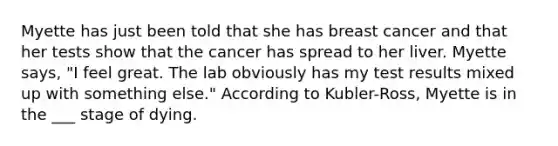 Myette has just been told that she has breast cancer and that her tests show that the cancer has spread to her liver. Myette says, "I feel great. The lab obviously has my test results mixed up with something else." According to Kubler-Ross, Myette is in the ___ stage of dying.