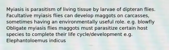 Myiasis is parasitism of living tissue by larvae of dipteran flies. Facultative myiasis flies can develop maggots on carcasses, sometimes having an environmentally useful role. e.g. blowfly Obligate myiasis flies maggots must parasitize certain host species to complete their life cycle/development e.g. Elephantoloemus indicus