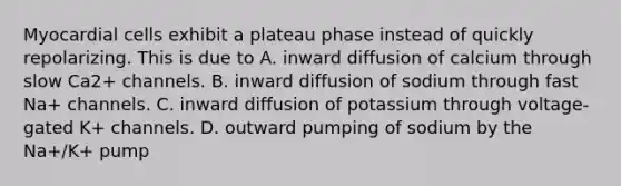 Myocardial cells exhibit a plateau phase instead of quickly repolarizing. This is due to A. inward diffusion of calcium through slow Ca2+ channels. B. inward diffusion of sodium through fast Na+ channels. C. inward diffusion of potassium through voltage-gated K+ channels. D. outward pumping of sodium by the Na+/K+ pump