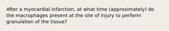 After a myocardial infarction, at what time (approximately) do the macrophages present at the site of injury to perform granulation of the tissue?