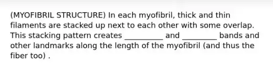 (MYOFIBRIL STRUCTURE) In each myofibril, thick and thin filaments are stacked up next to each other with some overlap. This stacking pattern creates __________ and _________ bands and other landmarks along the length of the myofibril (and thus the fiber too) .