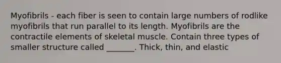 Myofibrils - each fiber is seen to contain large numbers of rodlike myofibrils that run parallel to its length. Myofibrils are the contractile elements of skeletal muscle. Contain three types of smaller structure called _______. Thick, thin, and elastic