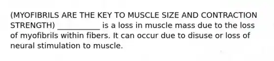 (MYOFIBRILS ARE THE KEY TO MUSCLE SIZE AND CONTRACTION STRENGTH) ___________ is a loss in muscle mass due to the loss of myofibrils within fibers. It can occur due to disuse or loss of neural stimulation to muscle.