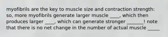 myofibrils are the key to muscle size and contraction strength: so, more myofibrils generate larger muscle ____, which then produces larger ____, which can generate stronger _______! note that there is no net change in the number of actual muscle _____