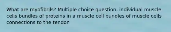 What are myofibrils? Multiple choice question. individual muscle cells bundles of proteins in a muscle cell bundles of muscle cells connections to the tendon