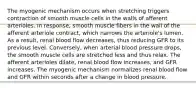 The myogenic mechanism occurs when stretching triggers contraction of smooth muscle cells in the walls of afferent arterioles. In response, smooth muscle fibers in the wall of the afferent arteriole contract, which narrows the arteriole's lumen. As a result, renal blood flow decreases, thus reducing GFR to its previous level. Conversely, when arterial blood pressure drops, the smooth muscle cells are stretched less and thus relax. The afferent arterioles dilate, renal blood flow increases, and GFR increases. The myogenic mechanism normalizes renal blood flow and GFR within seconds after a change in blood pressure.