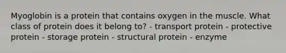 Myoglobin is a protein that contains oxygen in the muscle. What class of protein does it belong to? - transport protein - protective protein - storage protein - structural protein - enzyme