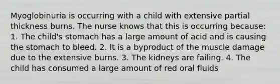 Myoglobinuria is occurring with a child with extensive partial thickness burns. The nurse knows that this is occurring because: 1. The child's stomach has a large amount of acid and is causing the stomach to bleed. 2. It is a byproduct of the muscle damage due to the extensive burns. 3. The kidneys are failing. 4. The child has consumed a large amount of red oral fluids