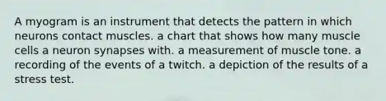 A myogram is an instrument that detects the pattern in which neurons contact muscles. a chart that shows how many muscle cells a neuron synapses with. a measurement of muscle tone. a recording of the events of a twitch. a depiction of the results of a stress test.