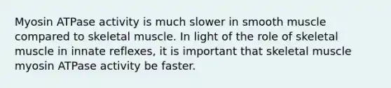 Myosin ATPase activity is much slower in smooth muscle compared to skeletal muscle. In light of the role of skeletal muscle in innate reflexes, it is important that skeletal muscle myosin ATPase activity be faster.