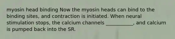 myosin head binding Now the myosin heads can bind to the binding sites, and contraction is initiated. When neural stimulation stops, the calcium channels ___________, and calcium is pumped back into the SR.