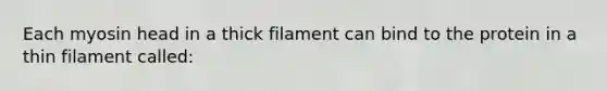 Each myosin head in a thick filament can bind to the protein in a thin filament called: