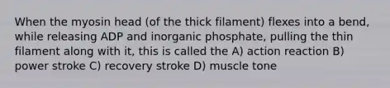 When the myosin head (of the thick filament) flexes into a bend, while releasing ADP and inorganic phosphate, pulling the thin filament along with it, this is called the A) action reaction B) power stroke C) recovery stroke D) muscle tone