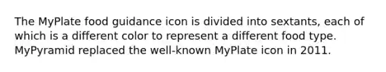The MyPlate food guidance icon is divided into sextants, each of which is a different color to represent a different food type. MyPyramid replaced the well-known MyPlate icon in 2011.