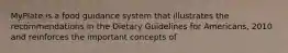 MyPlate is a food guidance system that illustrates the recommendations in the Dietary Guidelines for Americans, 2010 and reinforces the important concepts of
