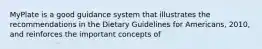 MyPlate is a good guidance system that illustrates the recommendations in the Dietary Guidelines for Americans, 2010, and reinforces the important concepts of