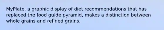 MyPlate, a graphic display of diet recommendations that has replaced the food guide pyramid, makes a distinction between whole grains and refined grains.