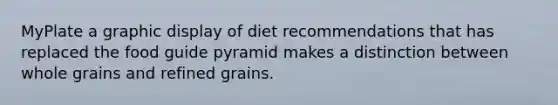 MyPlate a graphic display of diet recommendations that has replaced the food guide pyramid makes a distinction between whole grains and refined grains.