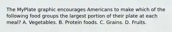 The MyPlate graphic encourages Americans to make which of the following food groups the largest portion of their plate at each meal? A. Vegetables. B. Protein foods. C. Grains. D. Fruits.