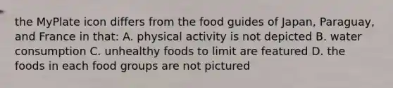 the MyPlate icon differs from the food guides of Japan, Paraguay, and France in that: A. physical activity is not depicted B. water consumption C. unhealthy foods to limit are featured D. the foods in each food groups are not pictured