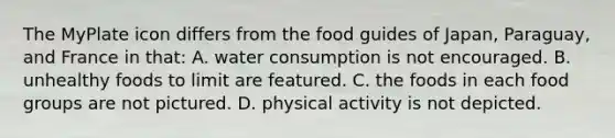 The MyPlate icon differs from the food guides of Japan, Paraguay, and France in that: A. water consumption is not encouraged. B. unhealthy foods to limit are featured. C. the foods in each food groups are not pictured. D. physical activity is not depicted.