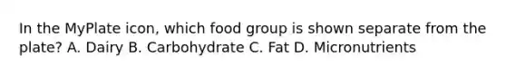 In the MyPlate icon, which food group is shown separate from the plate? A. Dairy B. Carbohydrate C. Fat D. Micronutrients