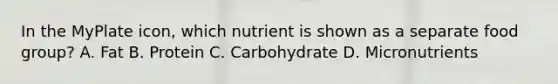 In the MyPlate icon, which nutrient is shown as a separate food group? A. Fat B. Protein C. Carbohydrate D. Micronutrients