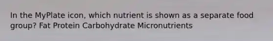 In the MyPlate icon, which nutrient is shown as a separate food group? Fat Protein Carbohydrate Micronutrients