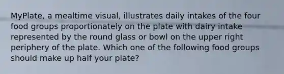 MyPlate, a mealtime visual, illustrates daily intakes of the four food groups proportionately on the plate with dairy intake represented by the round glass or bowl on the upper right periphery of the plate. Which one of the following food groups should make up half your plate?