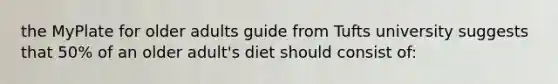 the MyPlate for older adults guide from Tufts university suggests that 50% of an older adult's diet should consist of: