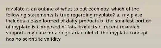 myplate is an outline of what to eat each day. which of the following statements is true regarding myplate? a. my plate includes a base formed of dairy products b. the smallest portion of myplate is composed of fats products c. recent research supports myplate for a vegetarian diet d. the myplate concept has no scientific validity